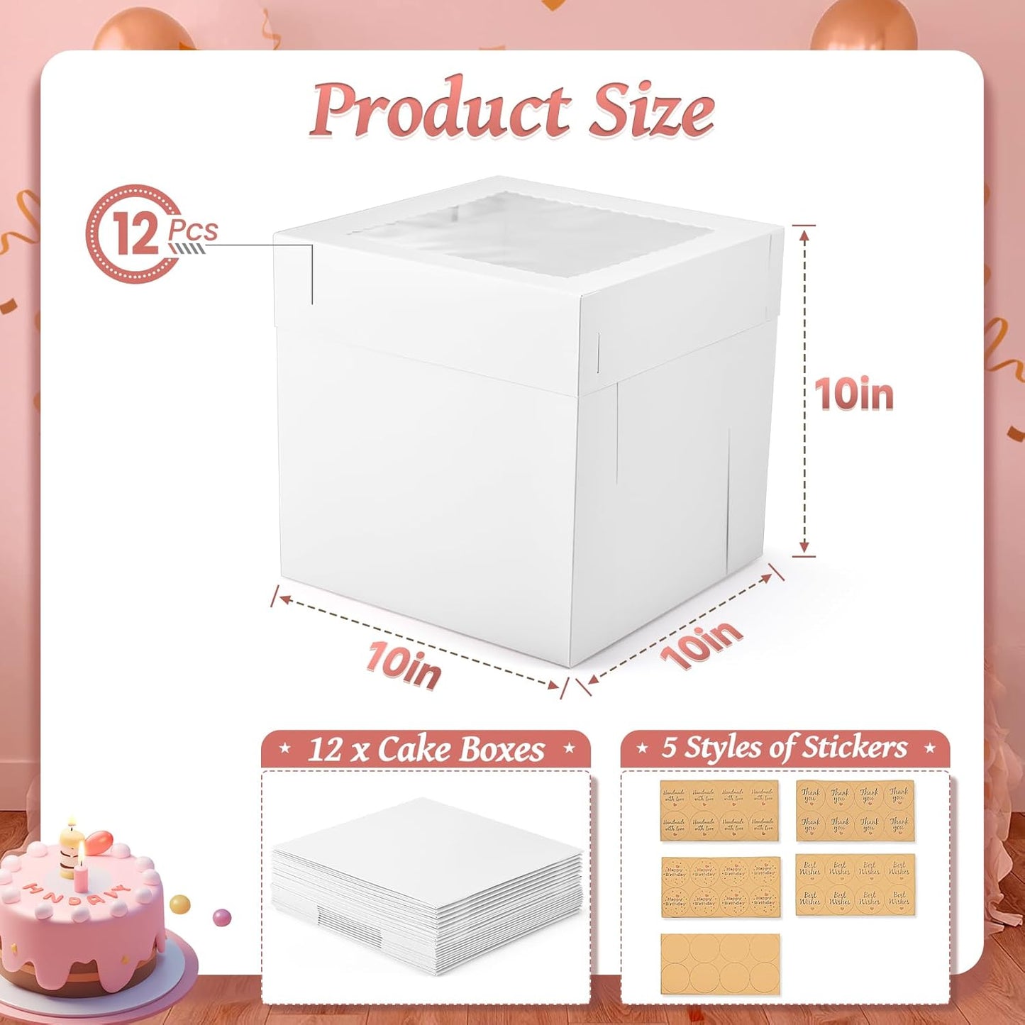 12Pcs 8x8x8 Inches Cake Boxes, Pink Square Bakery Boxes with Window, Disposable Cake Carrier Container for Pastries, Pie, Cookies, Chocolates, Cupcakes, Birthday Party, Wedding