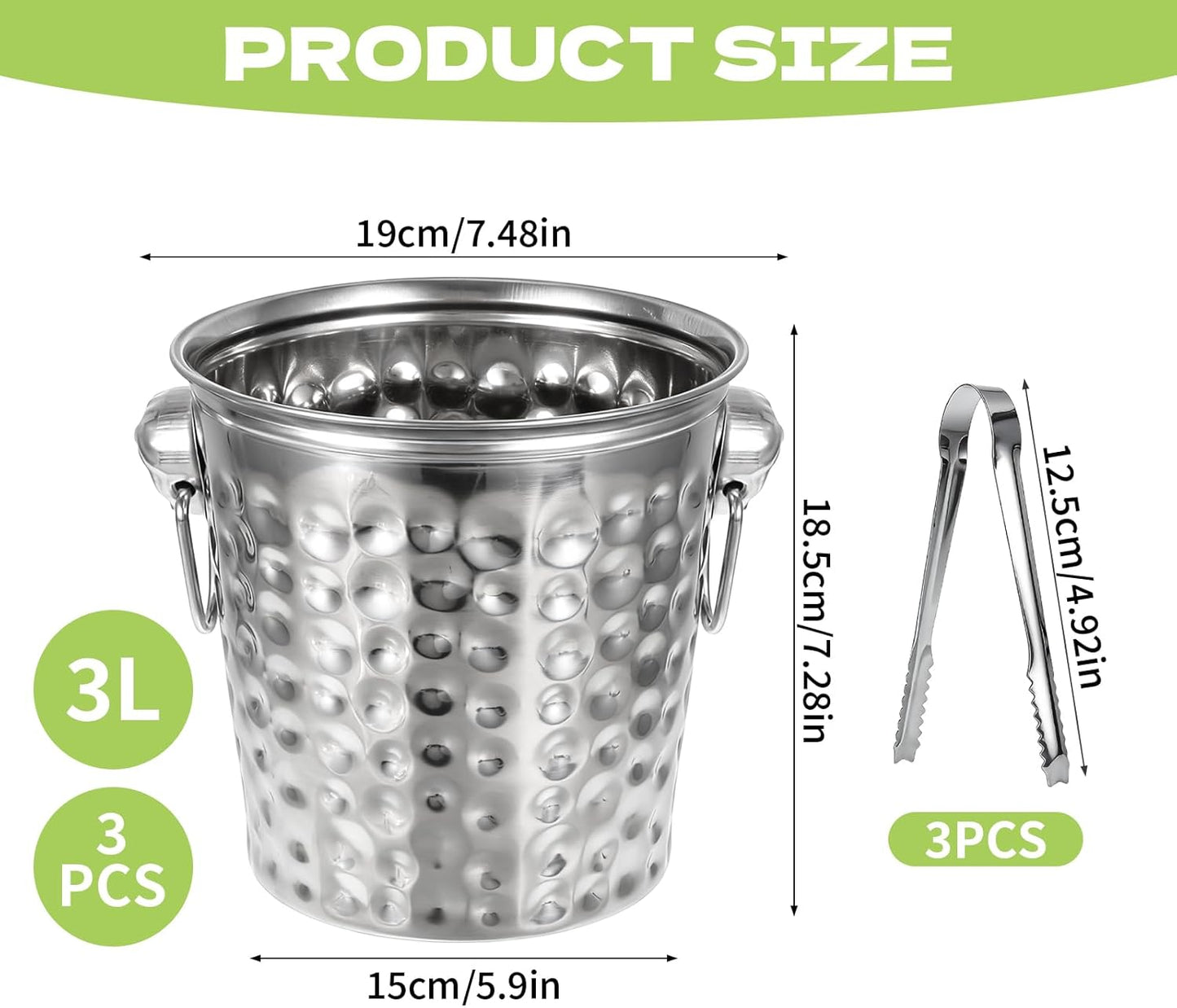 3 Pack Ice Buckets with Handles and Tongs, 3L Metal Beverage Tubs for Ice and Drinks, Wine and Champagne Chiller Buckets for Bar, Party, BBQ, Indoor Outdoor Use