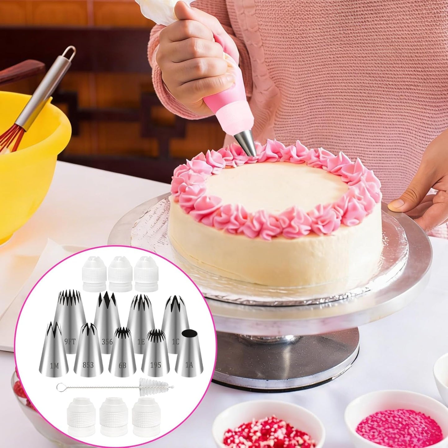 16pcs Large Piping Tips and Piping Couplers Set, Stainless Steel Cake Decorating Tips, Frosting Tips for Cupcakes Star Flower Shell Edge Rose Spiral Flower Decoration DIY Baking Supplies Tool