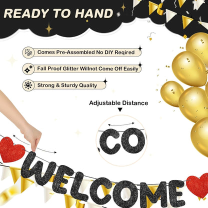 Fulmoon Pre Strung Welcome to The Team Banner with Two Heart Signs, NO DIY, Glitter Welcome Party Supplies for New Employee, Coworker, Colleague, Staff, Team Member Office Decorations(Champagne Gold)
