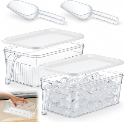 Havawish 4 Pcs Ice Storage Bin for Freezer with Lid and Flexible Scoop Set Plastic Ice Container with Lid Handle for Home Office Fridge Storage (12.4 x 8.07 x 3.94 Inches,Clear)