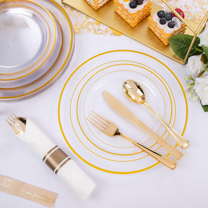 WELLIFE 350-Piece Gold Disposable Plates and Cutlery Set - Premium 10.25" Dinner Plates, 7.5" Dessert Plates, 9oz Cups & Cutlery for Weddings, Catering Events - 50 Guest Service - Elegant & Sturdy