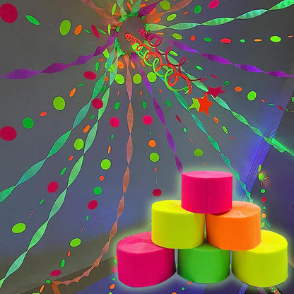 600 feet Glow Crepe Paper Streamers UV Glow Party Neon Streamer Decorations Glow in The Dark Black Light Reactive Fluorescent Neon Paper Party Streamers Wedding Birthday Blacklight Party Supplies