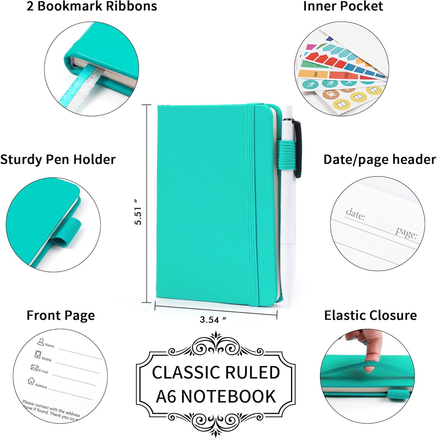 feela 6 Pack Pocket Small Notebooks Bulk, Mini Cute Memo Notepads Hardcover College Ruled Lined Journals with Pen Holder for Women Girls Office School, with 6 Black Pens, 3.5”x 5.5”, A6, Rose Pink