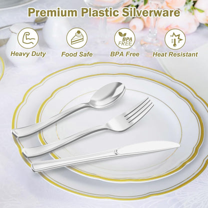 Dealusy 200 Count Heavy Duty Gold Plastic Silverware, 100 Forks, 50 Spoons, 50 Knives, BPA-Free, Heat Resistant, Disposable Plastic Utensils Set Cutlery Set, Plasticware Bulk