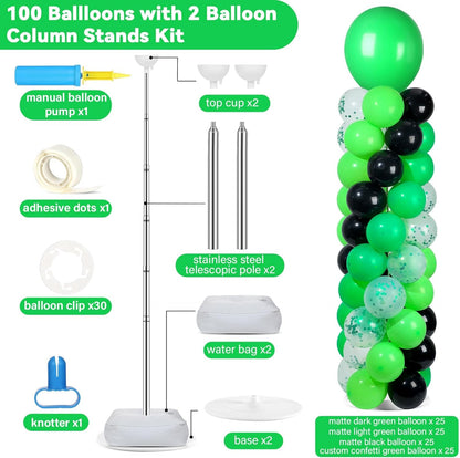 2 Set Black and Gold Balloons Column Stand Kit with 100 Balloons Adjustable Balloon Stand with Bases for Floor Black Gold Confetti Balloon Column Kit for Bridal Shower Valentine Birthday Party Decor