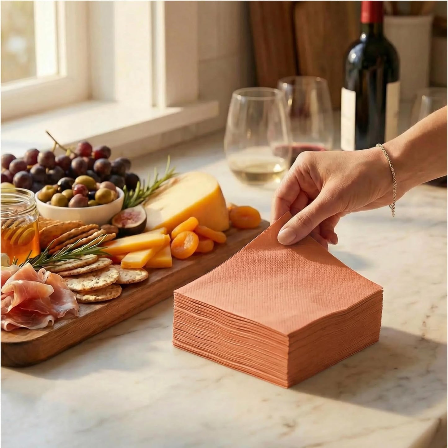 AH AMERICAN HOMESTEAD Cocktail Napkins-Disposable Beverage/Bar Napkins-White Linen-Like Square Napkins-Eco-Friendly & Compostable-Everyday Use, Party or Wedding 4.75inch x 4.75inch (100 Count, White)