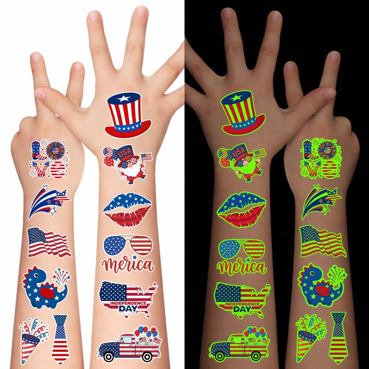 4th of July Temporary Tattoos - 105 PCS USA stickers Fourth of July Party Favors Supplies Decorations Patriotic Accessories Memorial Labor Independence Day Red White Blue American Flag