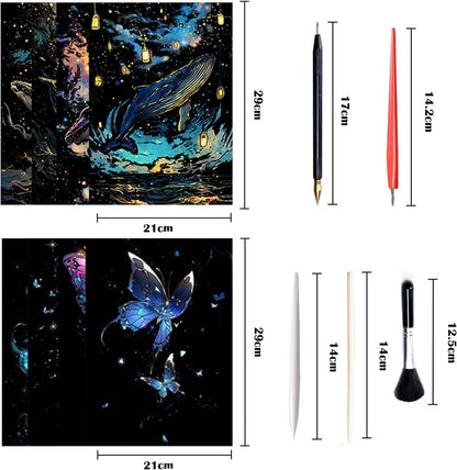 Georgie Porgy Scratch Paper Art Set for Kids Adults Magic Rainbow Scratchboards for DIY Arts and Crafts Kits Christmas Birthday Gift with Scratching Tools Kit (A4-Noctilucent Whale + Sea World)