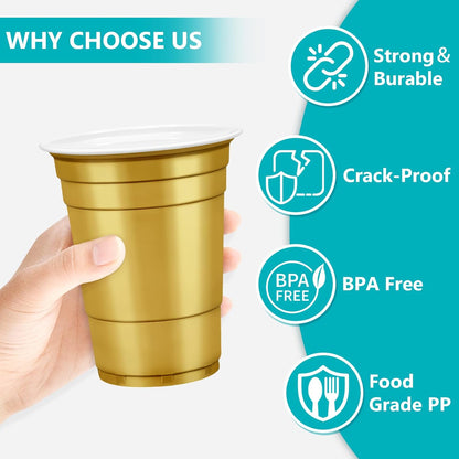 LANLISA 50 Gold Plastic Cups, 16 oz Disposable Cups, Drinking Cups For Birthday Party Supplies, Graduation, Thanksgiving Decorations, Harvest, Fall, New Years
