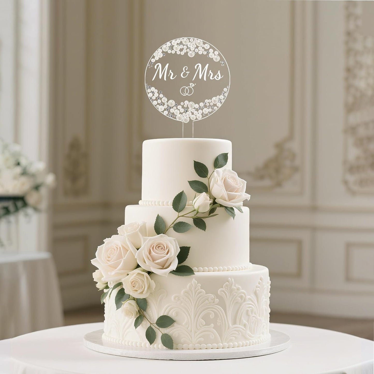 Coucoland Mr and Mrs Cake Topper - Heart Wedding Cake Decor with Rhinestones and Pearls for Engagement Bridal Anniversary