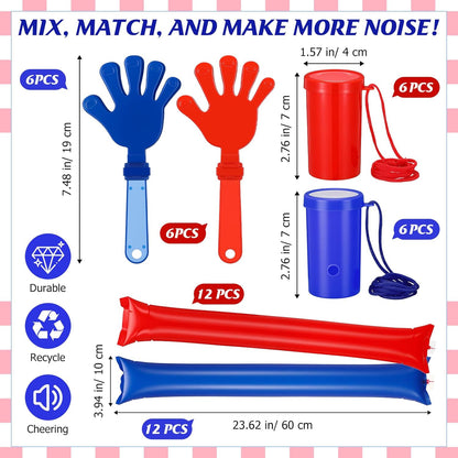 48 Pcs Cheering Noisemakers Set Included 12 Pcs Mini Air Horns Noisemakers 12 Hand Clappers 24 Thunder Sticks for Birthdays Sporting Events (Horn,Blue)