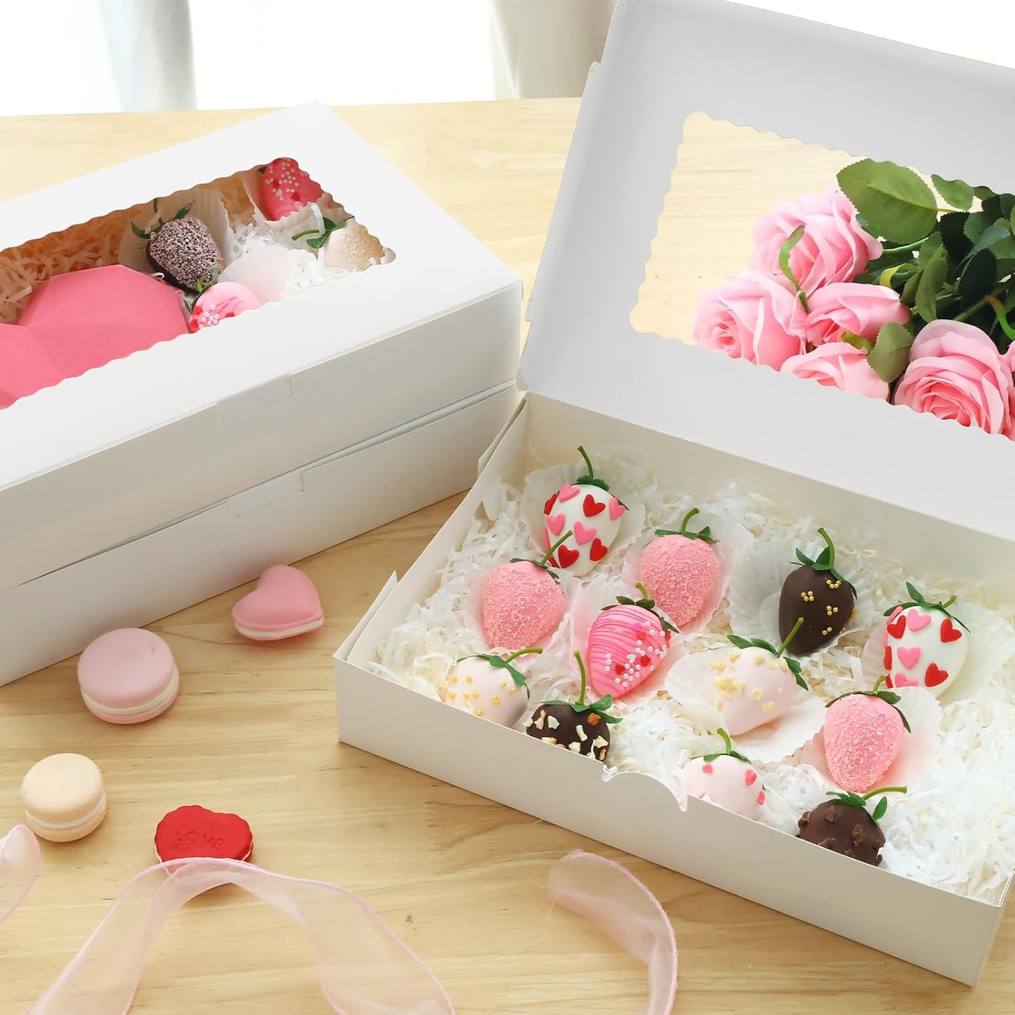 TOMNK 7pcs Cookie Boxes, 12x8x2.5 Inches White Bakery Boxes with 3 Style Window for Chocolate Covered Strawberries, Treats, Breakable Heart, Pastries, Desserts and Cake Pops