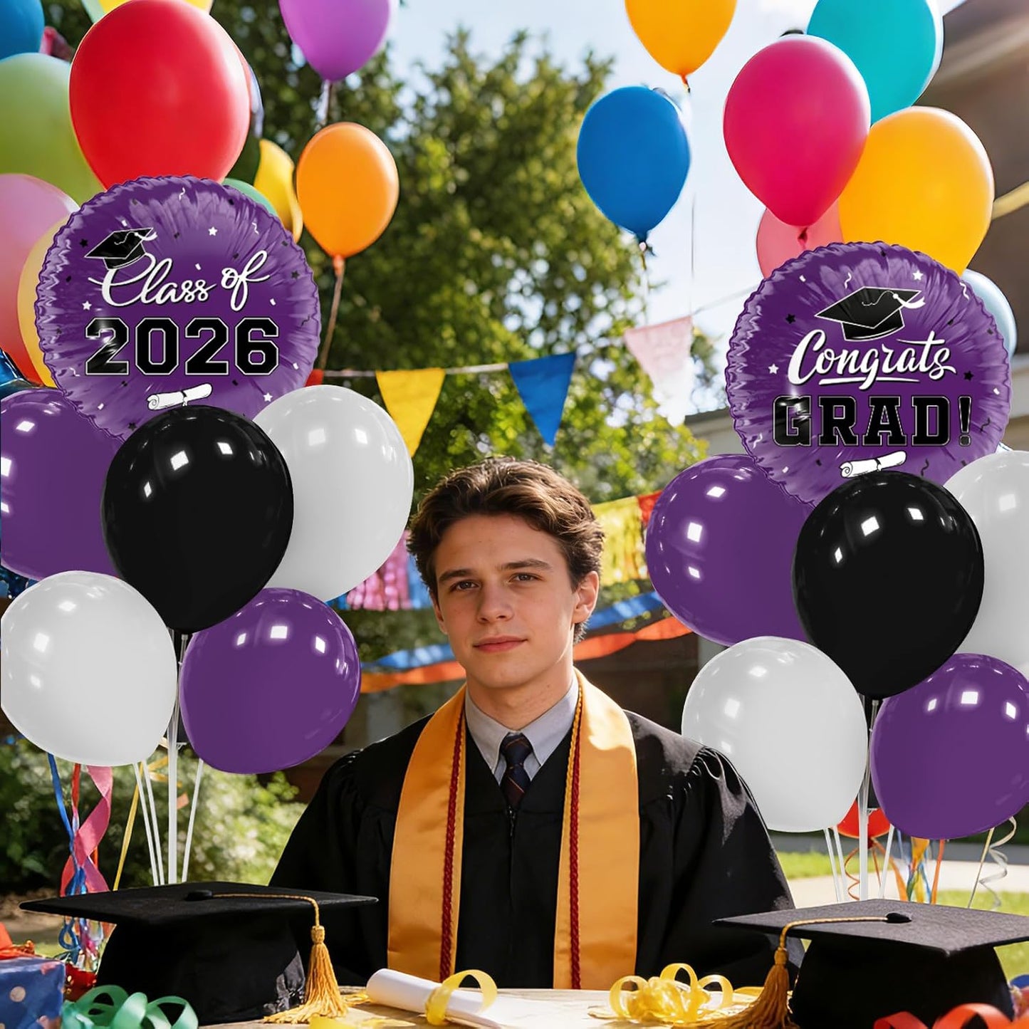 Graduation Decorations - 4 Set Balloon Stands, Class of 2026 Congrats Grad Table Centerpieces for Graduation Party Supplies(Gold& Black)