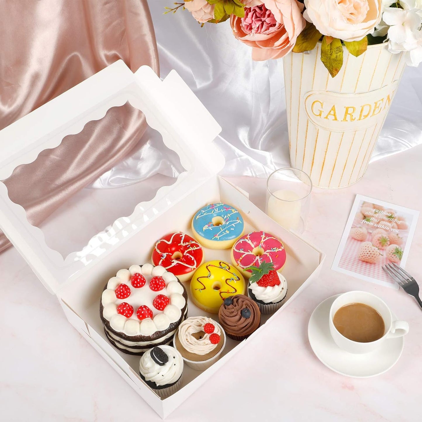 Moretoes 24pcs Bakery Boxes, 12x8x2.5 Inches,Treat Boxes with Window for Chocolate Covered Strawberries, Pastries, Cookies, Desserts, Donuts and Muffins