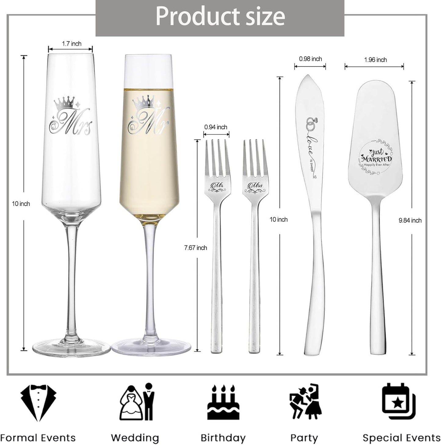 Wedding Cake Knife and Server Set, Bride Groom Mr and Mrs Champagne Flutes Glasses, Cake Cutting Set for Wedding with Forks, Bridal Shower Gifts Wedding Anniversary Engagement Gifts