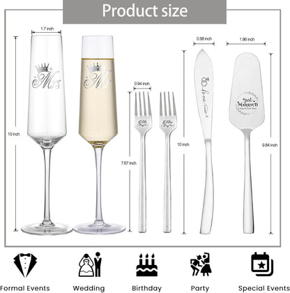 Wedding Cake Knife and Server Set, Bride Groom Mr and Mrs Champagne Flutes Glasses, Cake Cutting Set for Wedding with Forks, Bridal Shower Gifts Wedding Anniversary Engagement Gifts