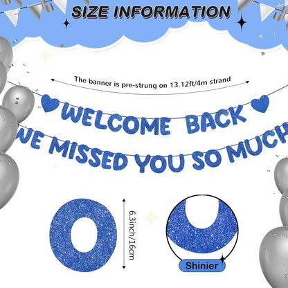 Fulmoon Pre Strung Welcome Back We Missed You So Much Banner, NO DIY, Glitter Welcome Home Celebration Decorations Family Gathering, Back to School, Military Homecoming Decoration(Dark Blue)