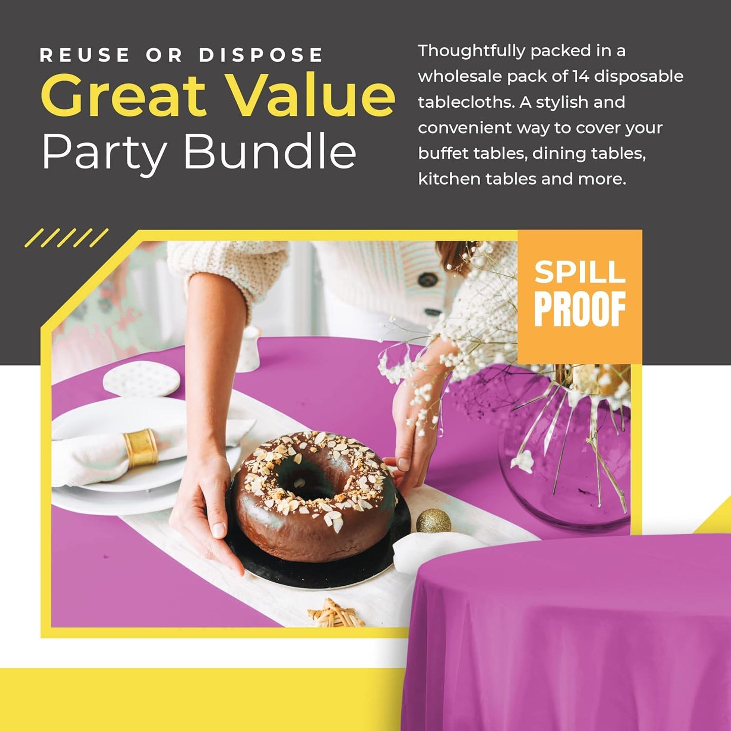 14 Pack Black 54 x 108 in. Rectangle Disposable Plastic Tablecloths - Smooth Decorative Covers for Parties, Weddings