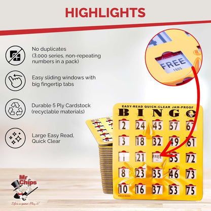 MR CHIPS Jam-Proof Bingo Cards with Sliding Windows, 25 Reusable Shutter Cards, 75 Calling Cards 1 Master Board in Tan Woodgrain Style