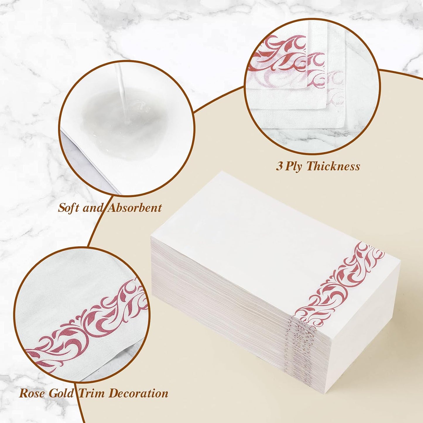 BESTVIP 200 Pack Disposable Paper Napkins, 3-Ply Dinner Napkins with Gold Trim for Guests, Bathroom Paper Hand Towels Soft and Absorbent, Perfect for Kitchen, Dinner, Party, Wedding or Event