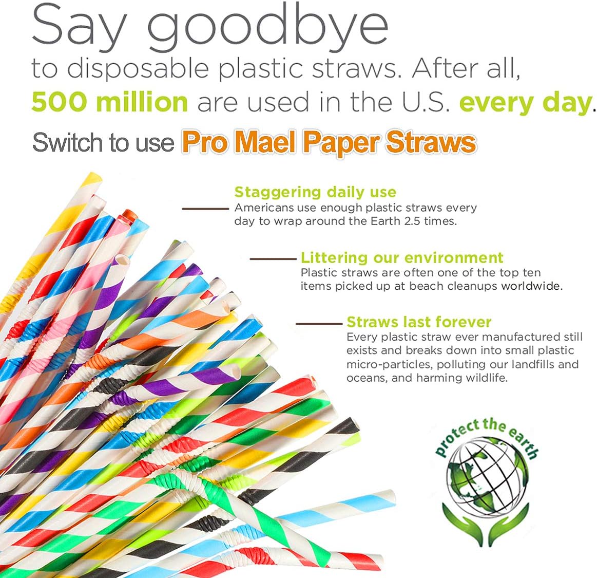Pro Mael Paper Drinking Straws, Flexible Straws for Juices, Shakes, Smoothies, Disposable Straw for Birthdays, Weddings & Party (200 Pack, 5 Colors)