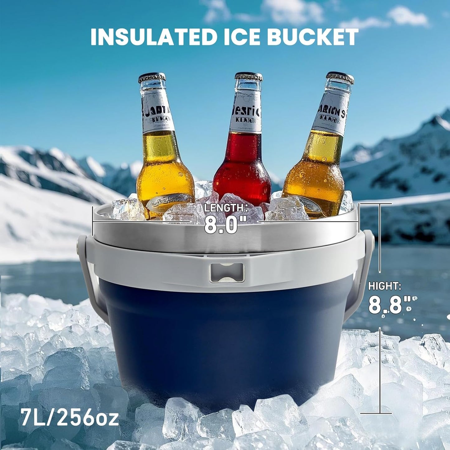 COKTIK 7L Vacuum Insulated Ice Bucket with Lid and Scoop& Tongs，Large capacity Stainless Steel Beverage Bucket for Cocktail, Champagne, Wine, Beer，Large Parties（Milk White Suit）