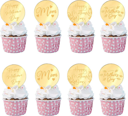 20pcs Gold Mirror Acrylic Happy Birthday Cupcake Toppers Round Engraved Cake Picks Happy Birthday Cake Toppers for DIY Birthday Gift Flower Bouquet Pastries Desserts Decor