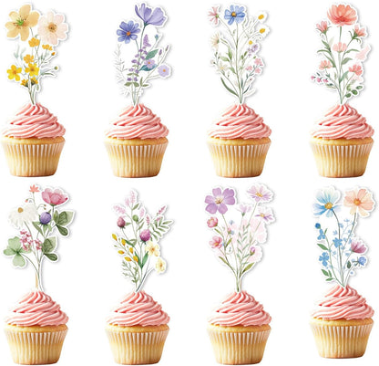 Rngmsi Flower Birthday Cupcake Toppers Decorations, 40PCS Wildflower Baby in Bloom Baby Shower Cake Decorations for Girls Women, Garden Floral Fairy Party Decor