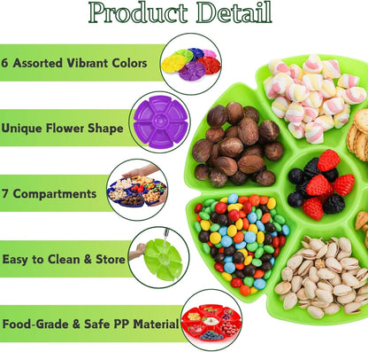 AVLA 12 Pcs Plastic Snack Serving Tray, 12 Inch Unbreakable Chip and Dip Divided Serving Plates, Round 7 Compartments Multifunctional Food Platter for Snack, Nuts, Candy, Dried Fruit, Veggies