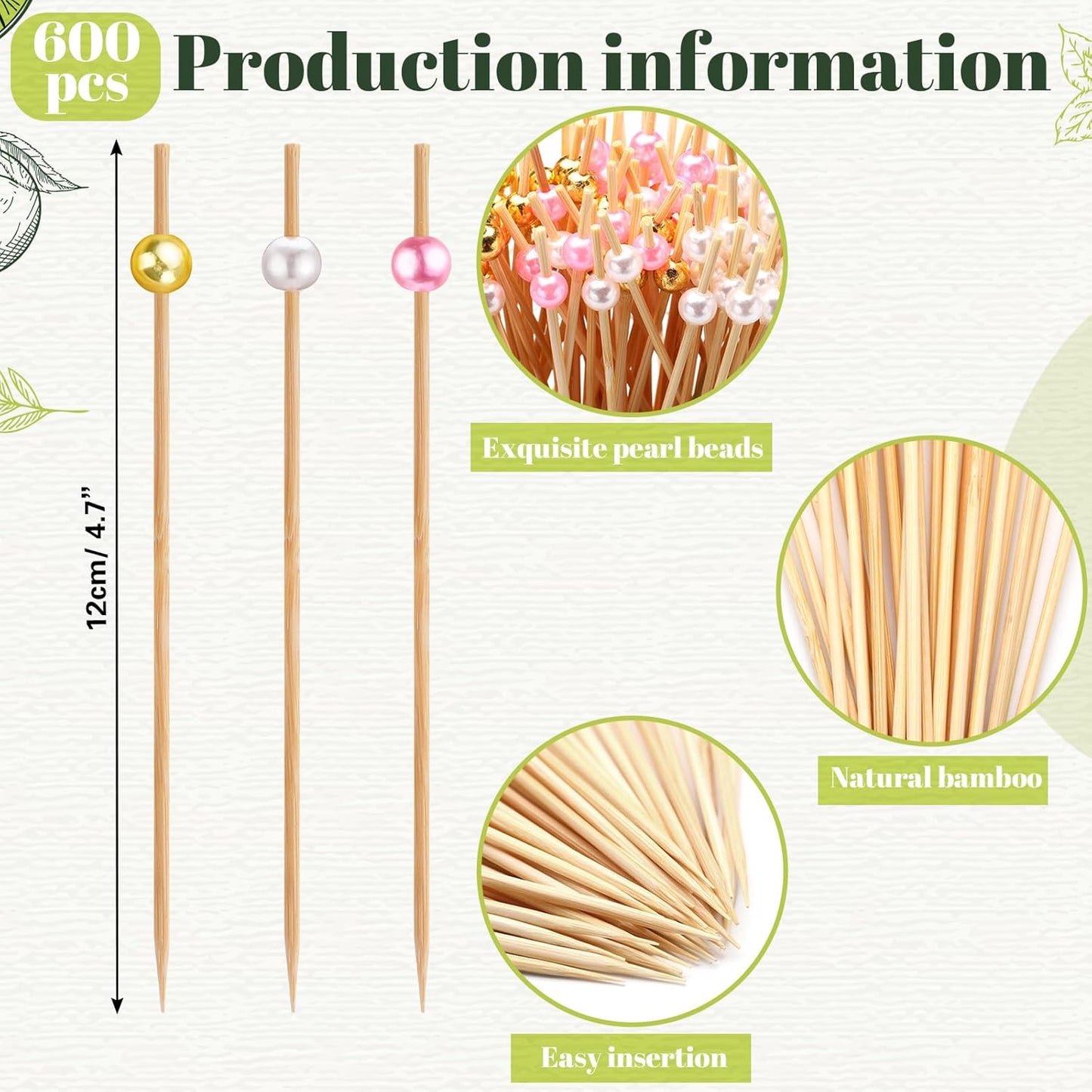 Reallnaive 600 Pcs Cocktail Pick Pearl Fancy Toothpick for Appetizer 4.7 Inch Long Skewer for Drink Fruit Food Bamboo Stick Wedding Bridal Shower Decoration Charcuterie Accessories (White)