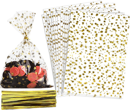 100 Pcs Star Printed 5"X 7" Gift Wrap Cello Cellophane Treat Bags Party Favor bags Clear Candy Cookie Bag Plastic Poly Goodie Storage Bag with Twist Ties for Bakery,Birthday, Wedding ,Party Decorations (Gold)