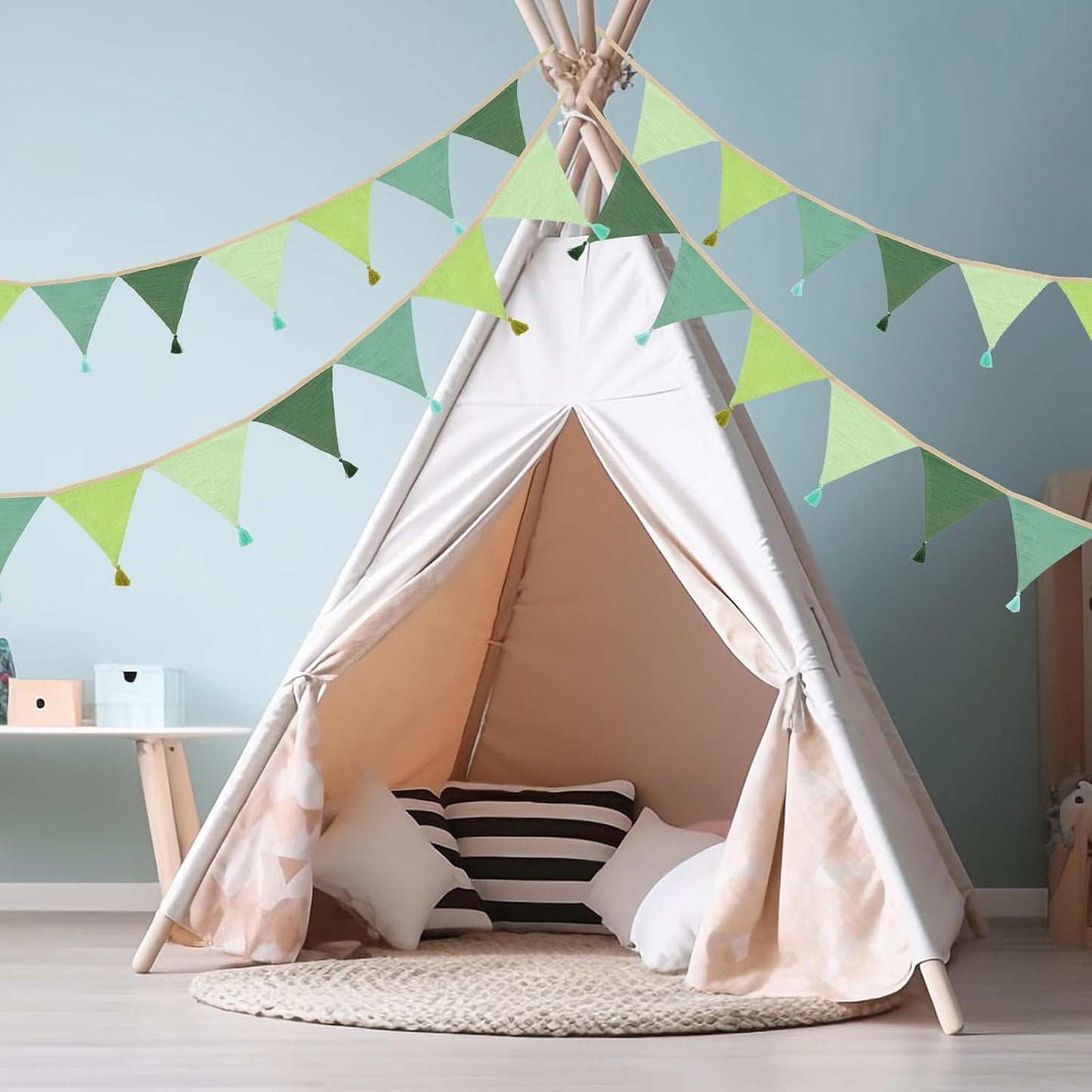 G2PLUS Cotton Fabric Bunting Banner, 9Ft Green Triangle Pennant Banner Flag, 12pcs Double-Sided Bunting Garland with Tassels for Birthday, Nursery, Baby Shower, Classroom Hanging Decor