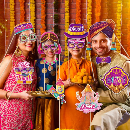 KYMY Happy Diwali Party Photo Booth Props Set, 1pc Deepavali Rangoli Selfie Frame with 20pcs Photo Booth Props, India Festival of Lights Party Favors for Hindu Diwali Themed Decorations Supplies