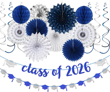 Navy-Blue White Silver Tissue Pom-Poms - 15pcs 5 Size Party Decorations Paper Flowers,Graduation Wedding Baby Bridal Shower Room Hanging Decorations Boy Birthday Party Backdrop Decor Panduola
