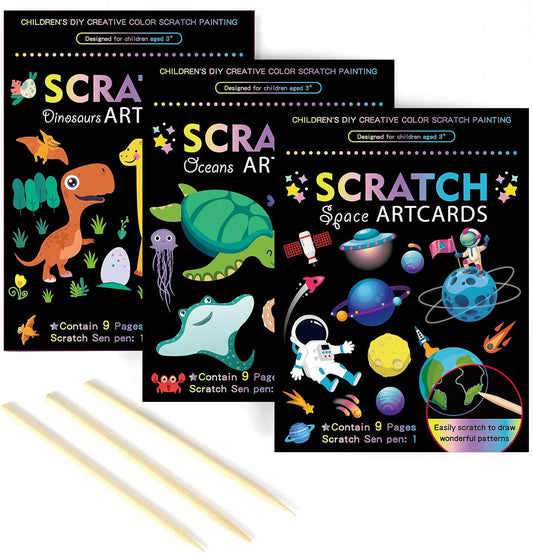 OPUHOHR 3 Set Magic Scratch Paper Art, Colorful Magic Drawing Art Book with 3 Scratch Pen for Birthday Halloween Christmas Party Games Projects Kits （Dinosaurs/Underwater World/Spaceman