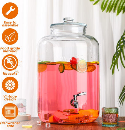 Baderke 5 Gallon Glass Drink Dispenser for Parties Beverage Dispensers Glass Water Dispenser with18/8 Stainless Steel Leakproof Spigot Hanging Chalkboard Signs Pen for Party Wedding (Fashion Style)