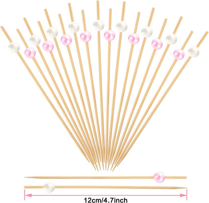 Blulu 200 Pack Cocktail Picks Fancy Toothpicks for Appetizers 4.7 Inch Pearl Cocktail Skewers for Drink Bamboo Flavored Stick Charcuterie Fruit Food Accessories Birthday Wedding Party Decor