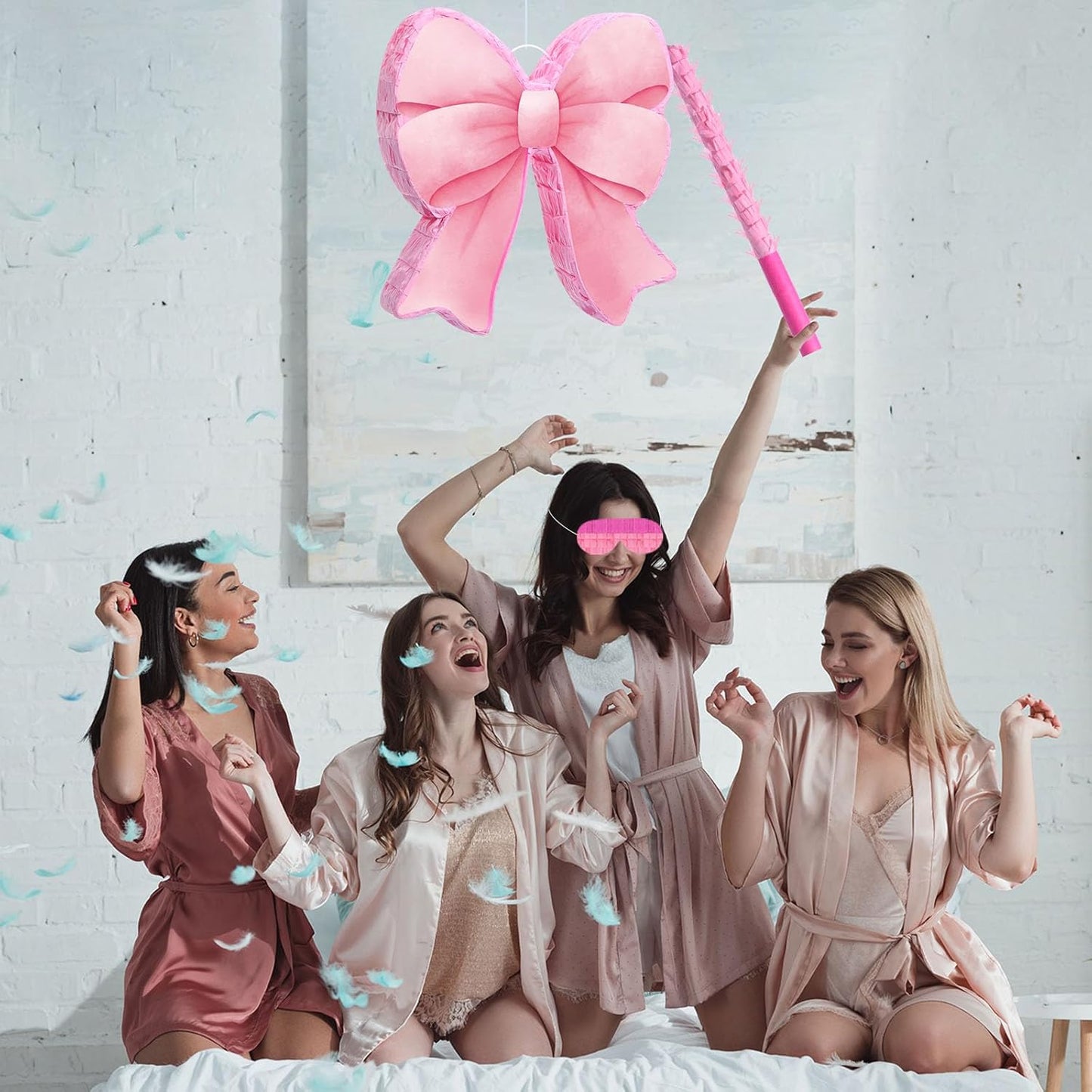 Threan Bow Piñata Bow Party Piñata with Bat Stick Blindfold Mask Coquette Birthday Centerpieces Decorations for Bridal Shower Wedding Anniversary Engagement Supplies (Purple)
