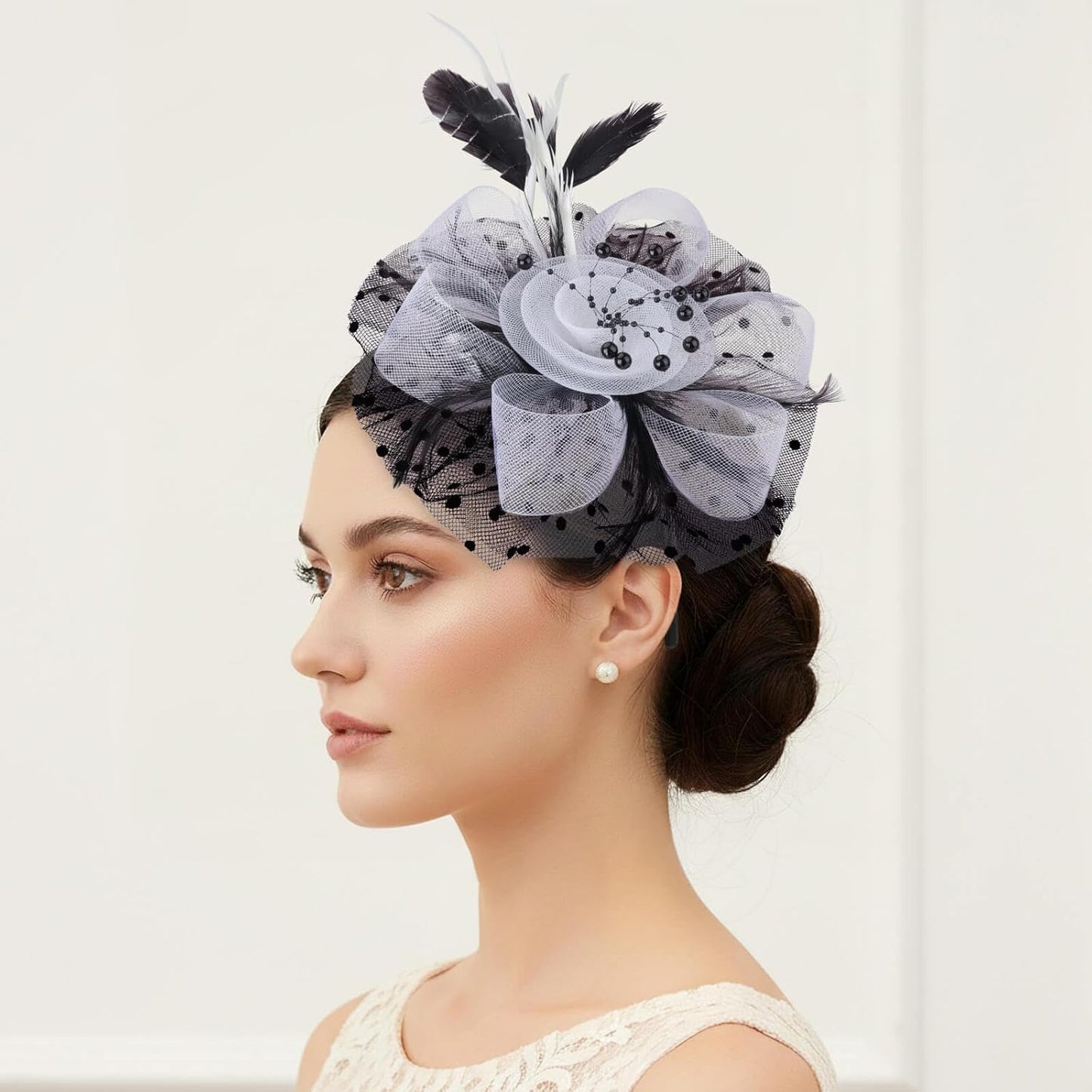 DRESHOW Fascinators Hat Flower Mesh Ribbons Feathers on a Headband and a Clip Tea Party Headwear for Girls and Women - Colors B