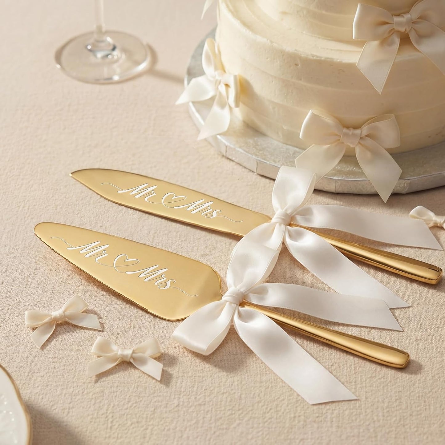 2 Pcs Bow Gold Wedding Cake Knife and Server Set Ivory White Ribbon Bow Mr Mrs Cake Cutting Set Boho Pastry Pie Server Pizza Cutter for Engagements Anniversaries Gifts for Couples