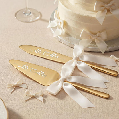 2 Pcs Bow Gold Wedding Cake Knife and Server Set Ivory White Ribbon Bow Mr Mrs Cake Cutting Set Boho Pastry Pie Server Pizza Cutter for Engagements Anniversaries Gifts for Couples