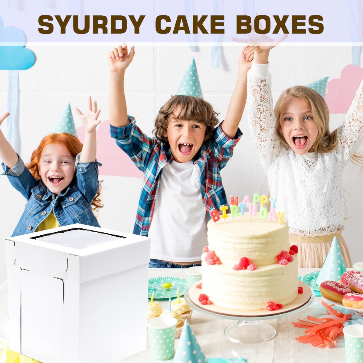 JJO Tall Cake Boxes for Tier Cakes, 6 Pack 10x10x12 Inch,White Cake Boxes with Window,Sturdy Tall Cake Carrier, Disposable Cake Containers