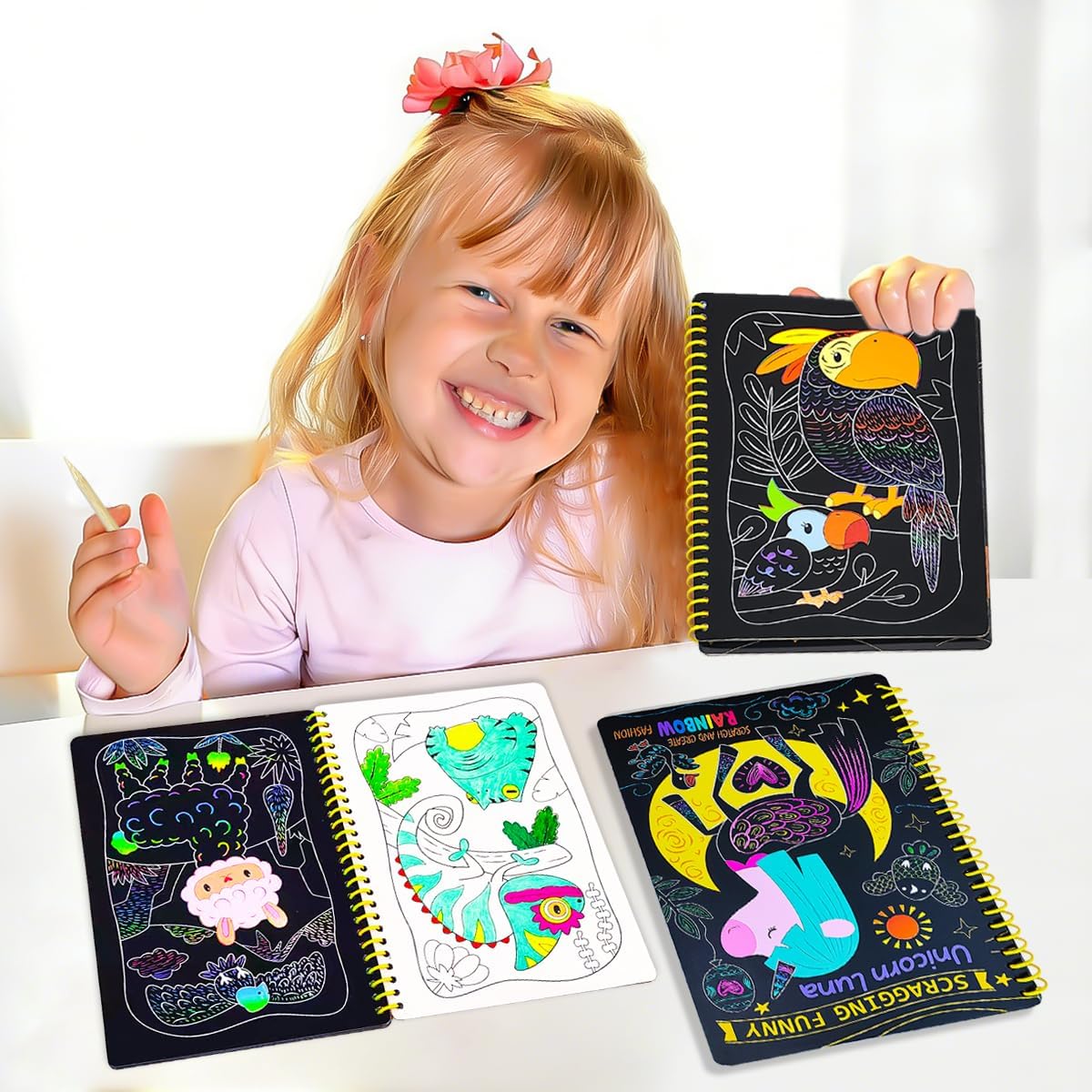 JUNQIU Scratch Art for Kids, Unicorns Black Rainbow Scratch Art Paper Set-Arts and Crafts & Supplies, DIY Activity & Party Games, Gifts for Toddlers, Girls & Boys Ages 3, 4, 5, 6, 7, 8