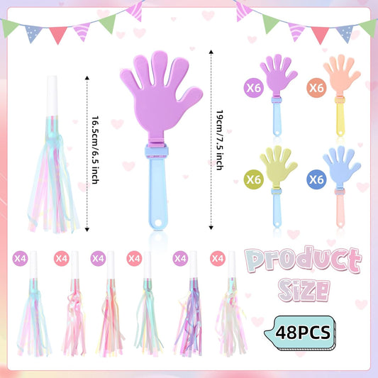 Lenwen 48 Pieces Pink Mermaid Party Noise Makers 24 Hand Clapper Noisemakers 24 Glitter Metallic Fringed Tassel Party Horns for Birthday Sporting Events Adults Carnival Games Rewards Cheer Supplies