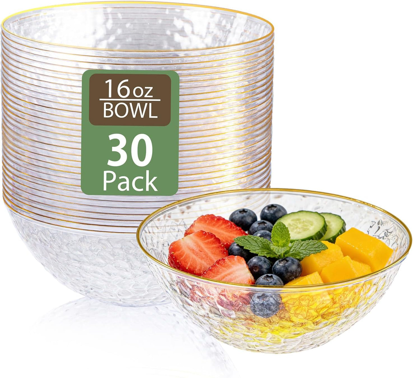 Tinybee 30 Pack Pink Plastic Bowls - Pink Disposable Bowls for Party with Gold Rim, 16-20oz Premium Hammered Bowls Disposable Heavy Duty, Plastic Salad Bowls for Milk Cereals, Snacks, Salads