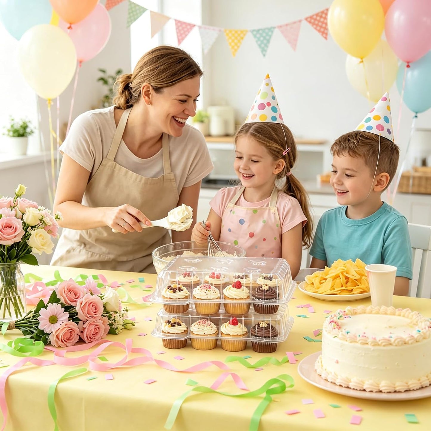 JarThenaAMCS 80 Pack Plastic Cupcake Containers 4-Compartment Clear Boxes Disposable Cupcake Tray Holders 4 Cavity Cupcakes Carriers with Deep Dome for Muffin Packaging
