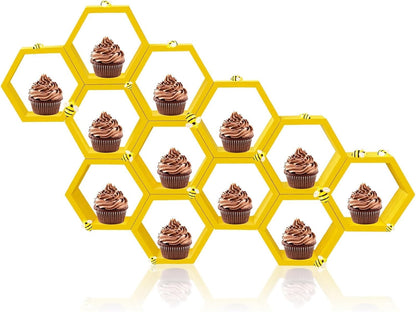 8 Pcs 4.13 Inch Honeycomb Cupcake Stand Cake Farmhouse Hexagon Display Holder Hexagonal Wood Cupcake Stand Floating Table Sign with Wooden Bee for Wedding Baby Shower Birthday Party Table Decorations