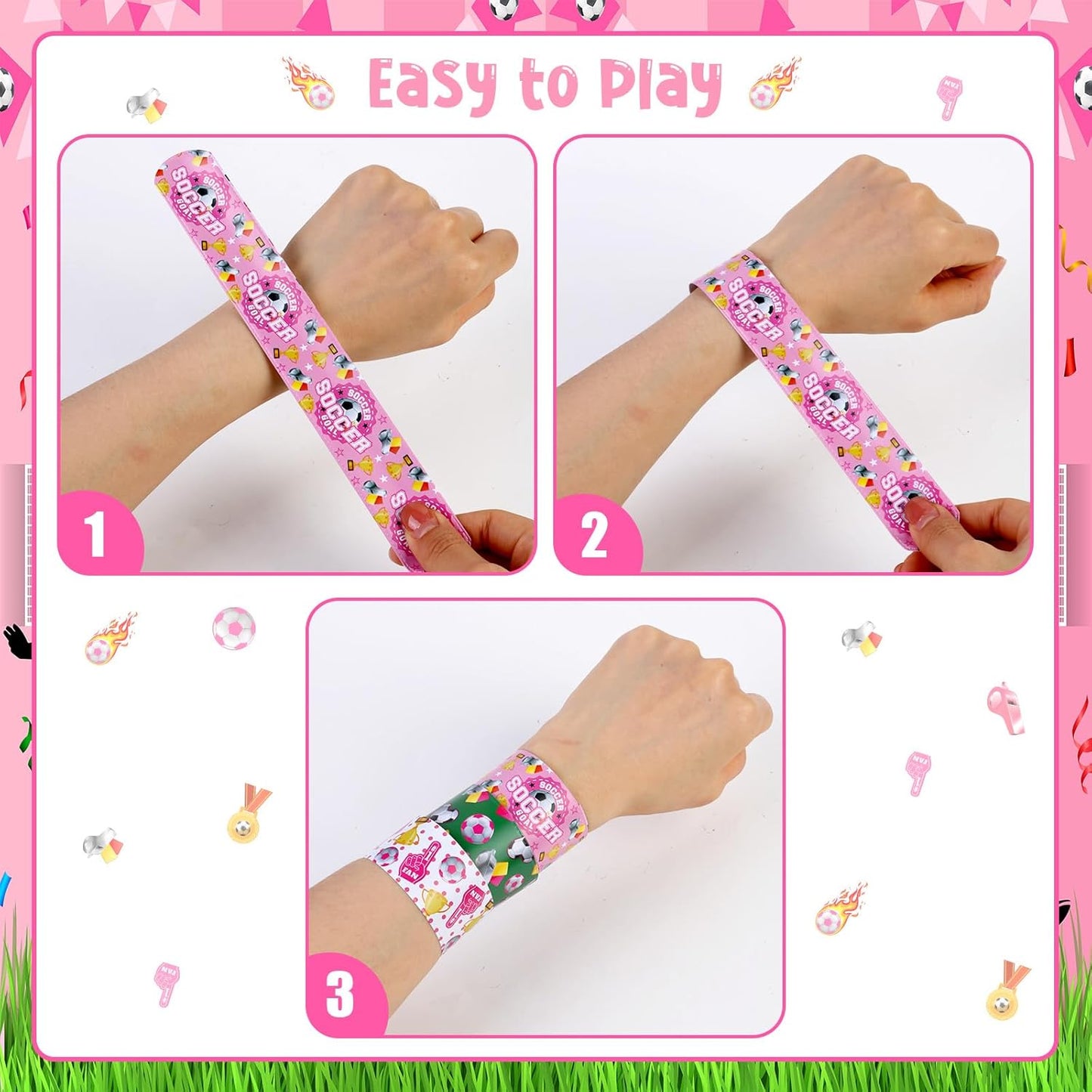 Serencatcher 48PCS Soccer Slap Bracelets Bulk, Soccer Party Favors Pink Soccer Slap Wristbands for Soccer Birthday Party Supplies Gifts Sports Football Themed Party Decorations
