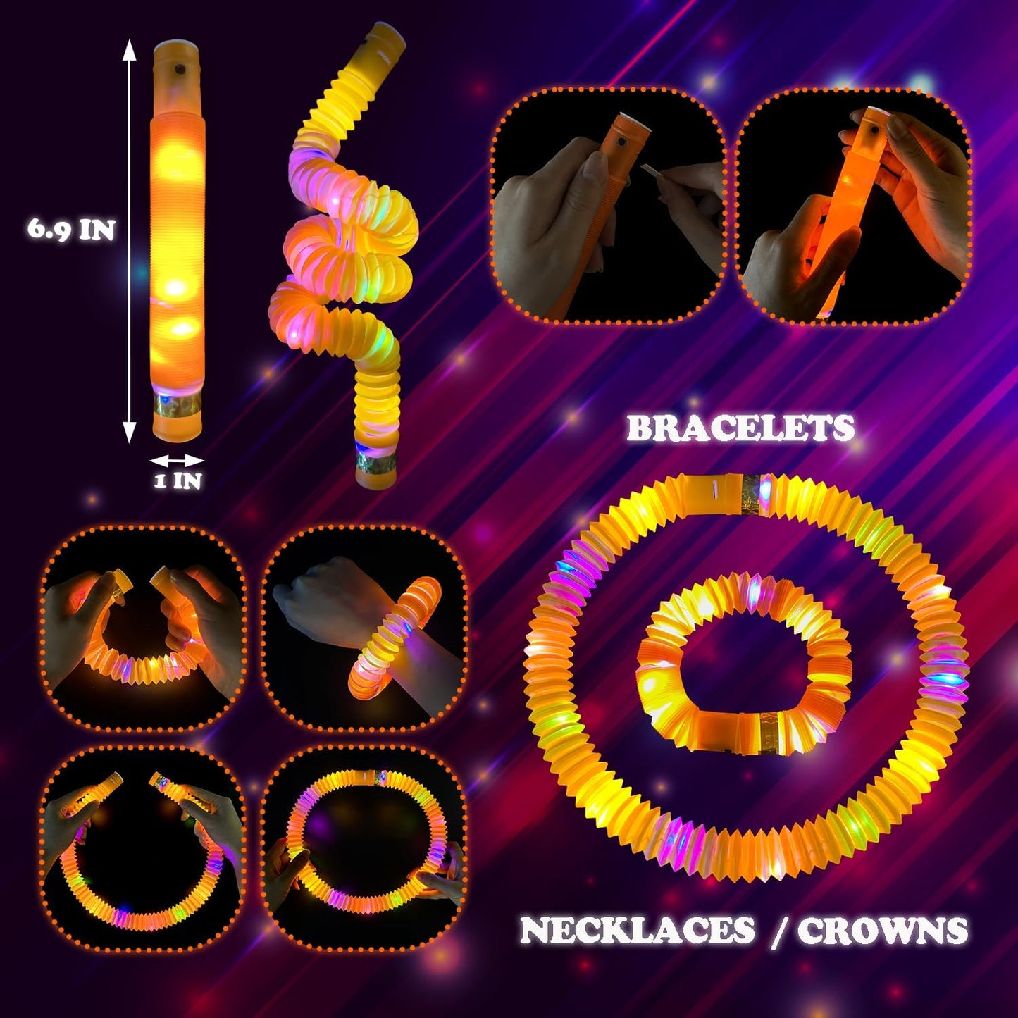 Orange Glow Sticks Party Favors Supplies for Kids 24 PCS,4th of July LED Light up Pop Tubes for Toddlers,Neon Necklaces Bracelets Accessories,Birthday Dance Party 250th Anniversary Camping Toys Gifts